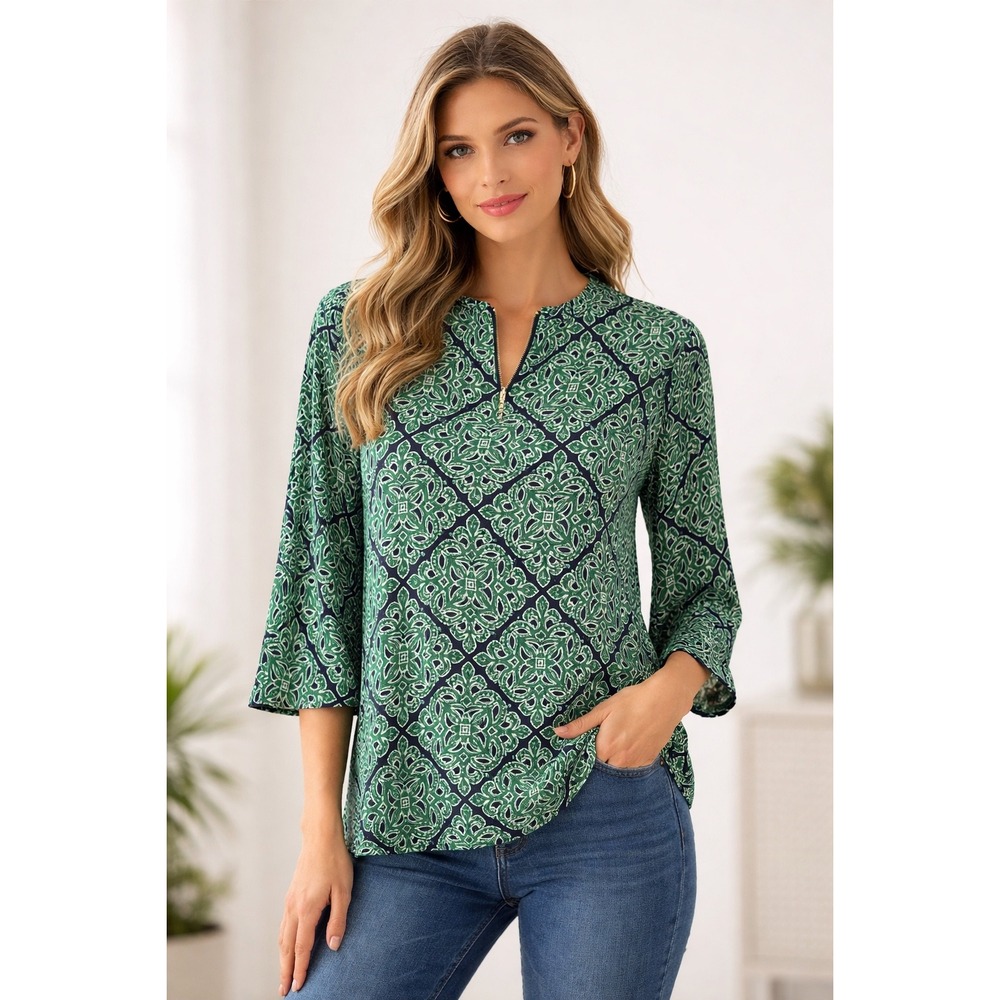 Crown & Ivy Curvy Womens Tunic Top 3X Green Navy Medallion Print Zipper Neck
